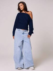 MUSERA 蓬松针织不对称领口收腰毛衣上衣，复古、可爱、乡村、田园风、休闲家居服，适合女士穿着，焦糖色，适合晚宴、派对、优雅春季穿着。 - 藏蓝色 - 查看 5