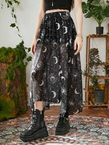 ROMWE Hippie Sun & Moon Graphic Asymmetrical Hem Mesh Skirt - Black - View 2