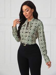 Xyvia 波尔卡圆点系带衬衫 - 橄欖綠 - 查看 4