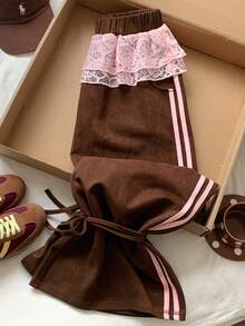 Comfortcana 女式休闲撞色蕾丝条纹侧缝松紧腰运动裤，秋季 - 棕色 - 查看 3