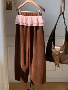 Comfortcana 女式休闲撞色蕾丝条纹侧缝松紧腰运动裤，秋季 - 棕色 - 查看 5