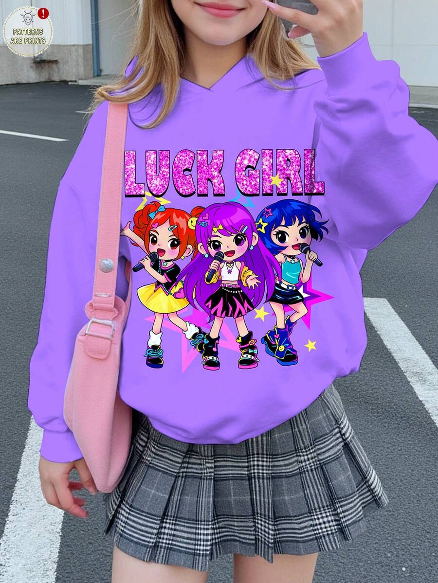 Leap Crew Tween Girl Casual Cute Anime Cartoon K-POP Graphic Loose Fit Sweatshirt, Violet, Suitable For Autumn/Winter - Multicolor - View 1