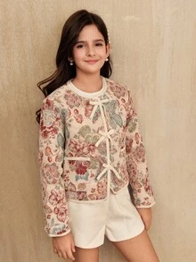 SHEIN Explorewe Girls' Retro Floral Print Short Jacket, Suitable For Outings And Gatherings - Multicolor - View 6