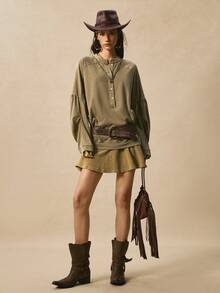 Easelle Vintage Casual Retro Snow Washed Color Block Loose Dress Splicing Retro One-Piece Dress Ladies Autumn Winter - Olive Green - View 2