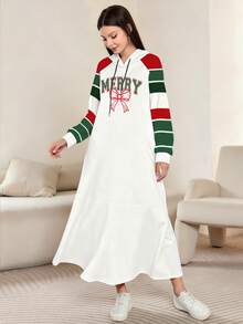 Modelyn Christmas Letter & Bow Print Striped Raglan Long Sleeve Women's Maxi Dress, Fashion Hooded, Suitable For Spring & Autumn - Multicolor - View 4