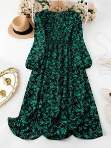 EMERY ROSE 大码女式长袖 V 领休闲优雅连衣裙，春秋季长款女装 - 綠色 - 查看 1