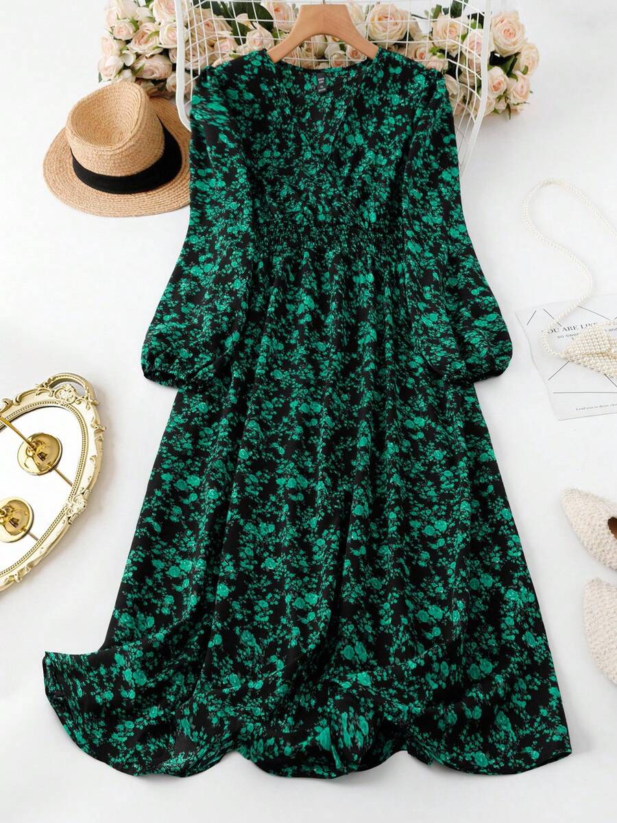 EMERY ROSE 大码女式长袖 V 领休闲优雅连衣裙，春秋季长款女装 - 綠色 - 查看 1