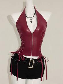 SHEIN ICON 红色 Y2K V 领 PU 皮革外出演唱会女式演唱会黑色哥特性感索环纯色时尚侧交叉带露背背心，夏季 - 酒紅色 - 查看 3