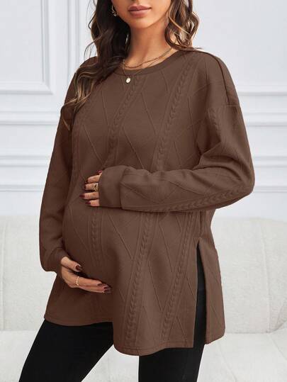 SHEIN Maternity Crew Neck Long Sleeve Casual Sweatshirt With Side Slit Hem, Autumn/Winter Pregnant Clothes Brown Maternity Dress Brown Blouses For Women Dress For Pregnant Women Maternity Clothes Fall Winter Maternity Long Sleeve Top Brown Textured Maternity Top Brown Maternity Top Maternity Brown Sweater Brown Long Sleeve Maternity Long Sleeve Maternity Tops Pregnant Woman Clothes Brown Maternity Clothes Brown Long Sleeve Top Maternity Sweater Brown