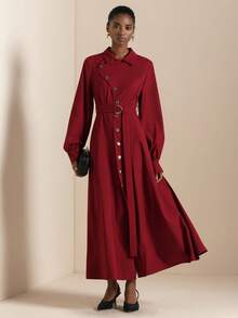 Lyxana Women's Elegant Collared Metal Button Decor Tie Waist Long Sleeve Dress - Red - View 6