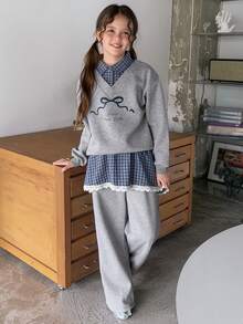 DAZY 2件套少女两件套抓绒卫衣裤套装，秋季商务装 - 灰色 - 查看 3