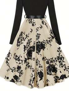 EMERY ROSE Women Elegant Floral Print Round Neck Long-Sleeved Dress With Large Swing Hem For Spring/Summer Maxi Women Outfit - Apricot - View 4