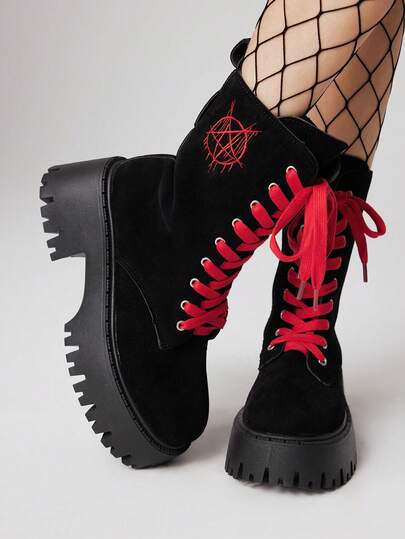 Stivali da motociclista in stile punk gotico scuro da donna, con lacci, stivali alla caviglia con suola spessa e platform, stivali corti da cavallerizza