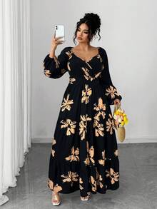 Elenzga Váy maxi chữ A dài tay bồng, cổ bèo nhún họa tiết hoa cỡ lớn, thắt eo nhiều lớp, thanh lịch và đa năng cho cả trang phục công sở và thường ngày - màu đen - Xem 6