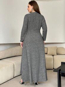 Modelyn 2 件套花卉灰色长袖紧身连衣裙，裹身裙，系带腰部，时尚优雅大码 - 灰色 - 查看 2