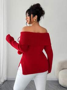 Elenzga Women's Elegant Fashion Off-Shoulder Bow Tie Slit Side Long Sleeve Plus Size Sweater Pullover, Suitable For Date Night, Christmas, Wedding Guest - Red - View 2