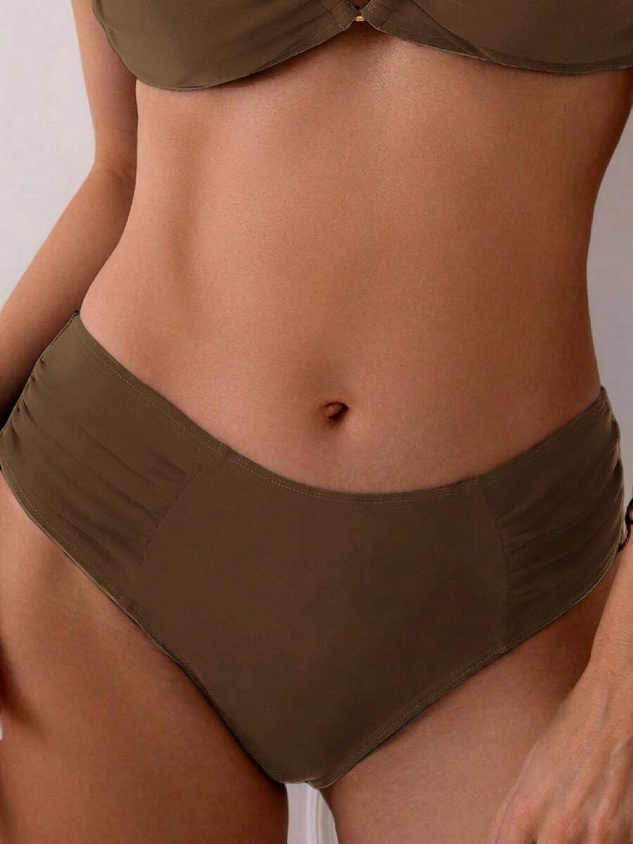 SHEIN Swim 女士纯白色泳裤,优雅简约休闲,适合春夏季度假、海滩和派对 - 棕色 - 查看 1