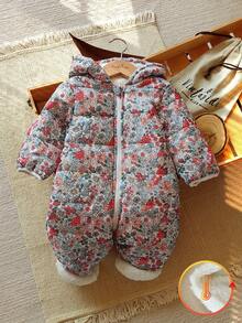 SHEIN Vintaside Kids 女婴连帽连体衣，蓬松可爱碎花图案，冬季款 - 彩色 - 查看 3