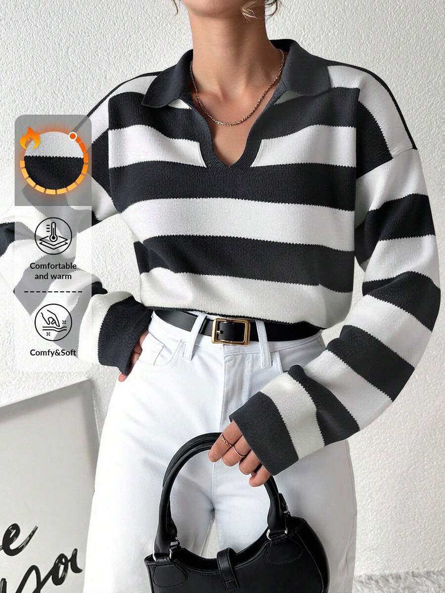 EURMUSE Áo len dệt kim dài tay dáng rộng hở vai kẻ sọc cho nữ, thường ngày cho mùa thu/đông - Màu xám đen - Xem 1