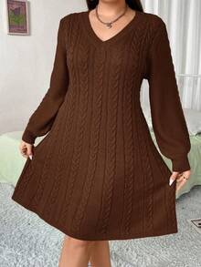 Vibekara Fashionable Lantern Sleeve V-Neck Cable Knit Sweater Dress