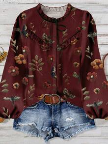 Linhara 加大码优雅夏日度假衬衫 - 酒紅色 - 查看 1