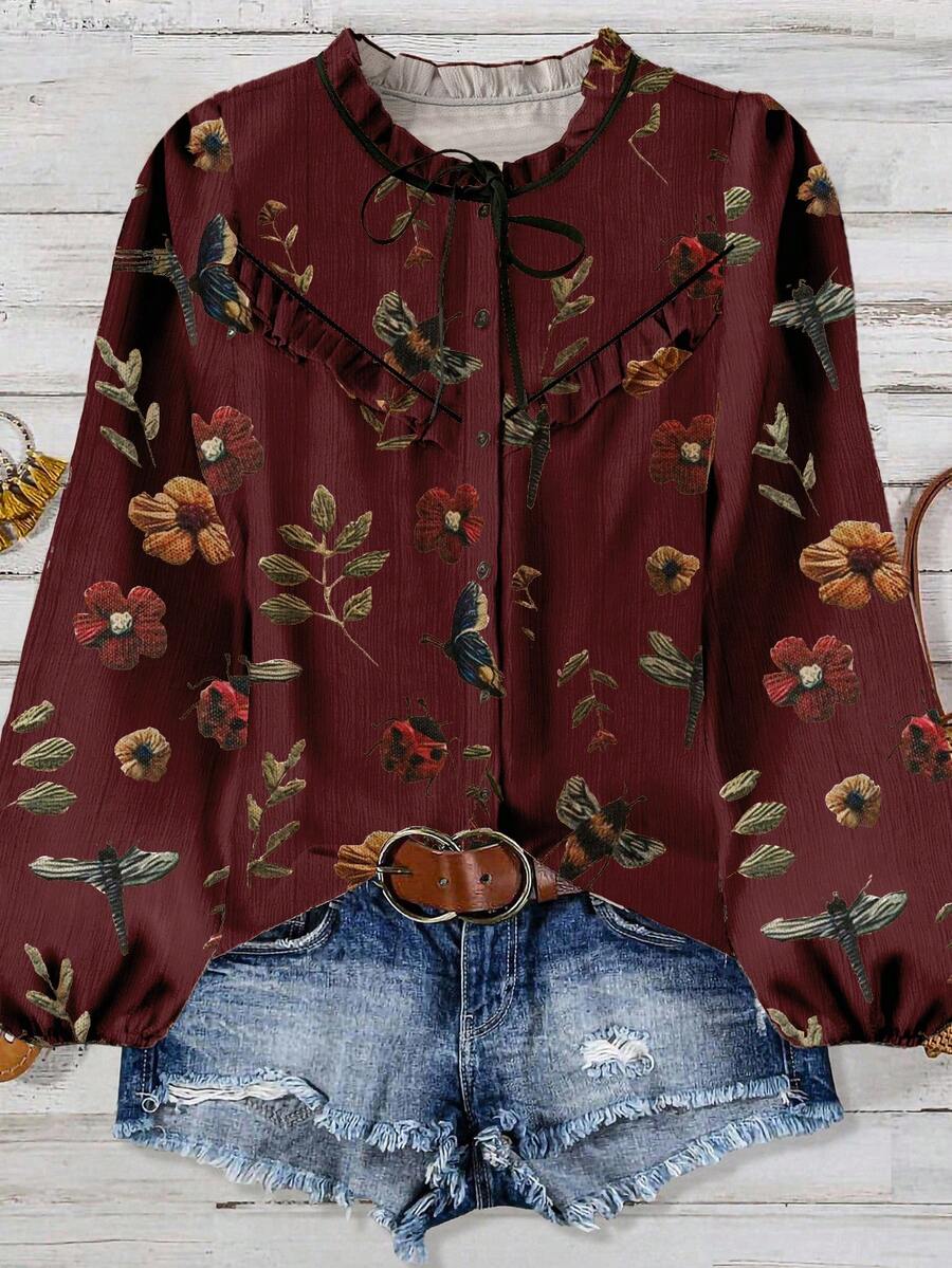 Linhara 加大码优雅夏日度假衬衫 - 酒紅色 - 查看 1