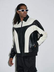 Modcrash 男士双色拉链PU皮夹克 - 黑與白 - 查看 5