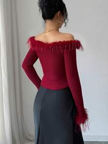 Elenzga Damen elegante Mode Pendler Lässig bequeme charmante Retro minimalistische High-End sanfte Dame Weihnachten Feiertag Party Herbst/Winter Carmen-Ausschnitt Patchwork Fellkragen & Manschetten einfarbiger Strickpullover - Bordeaux - Übersicht 2