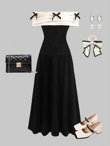 Tween Girl Elegant Evening Party Maxi Dress,Black And Cream Summer Off Shoulder 3D Ribbon Bow Decor Contrast Color Splice Ruched Ruffle Hem Midi Dress - Black - View 2