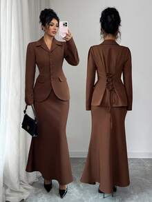 Selianne Completo da donna con design senza schienale e lacci, colore unito, adatto per autunno/inverno - Caffè Marrone - Visualizzare 1