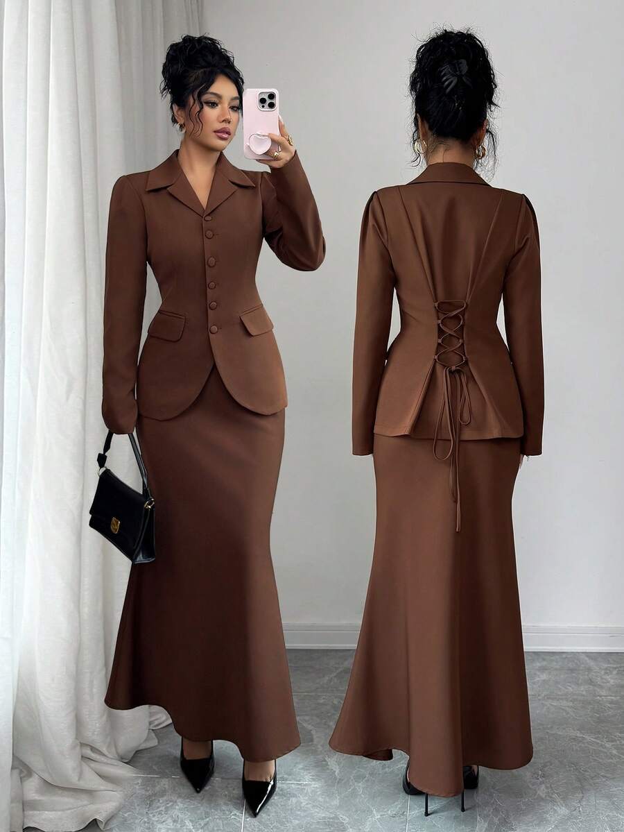 Selianne Completo da donna con design senza schienale e lacci, colore unito, adatto per autunno/inverno - Caffè Marrone - Visualizzare 1