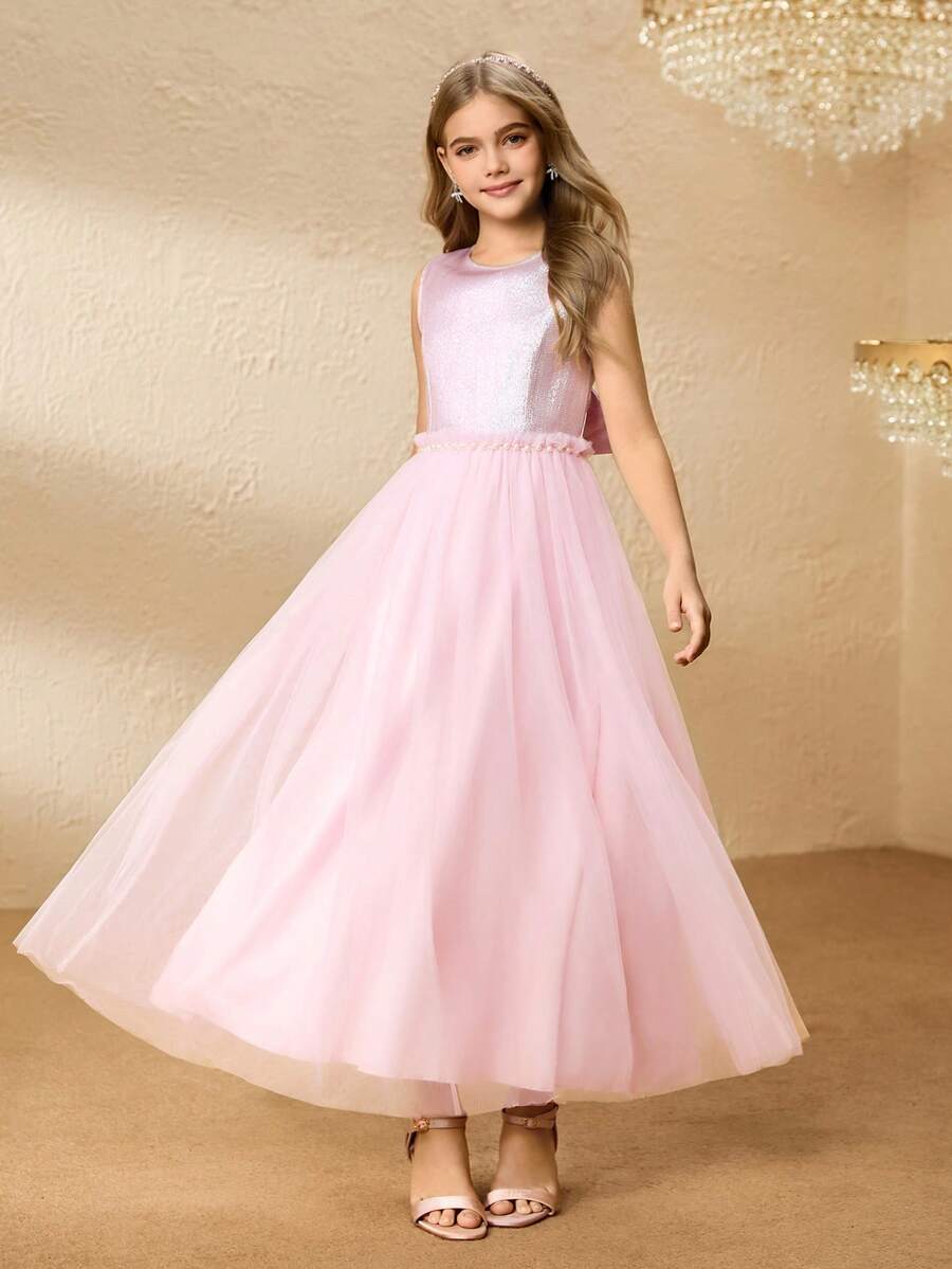 Girls' Princess Long Dress, Metallic Mesh Tulle Party Gown - Pink - View 1