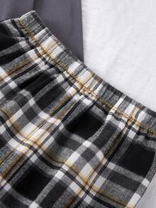 Tween Boy 棕色纯色舒适格子两件套睡衣套装（长裤和长袖） - 深灰色 - 查看 4