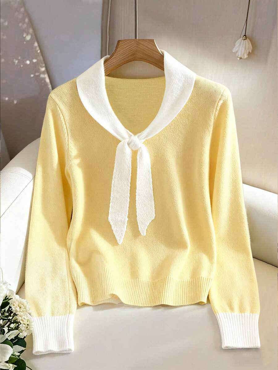 GlowEve Maglione casual da donna con collo a blocchi di colore e torsione, autunno/inverno - Giallo - Visualizzare 1