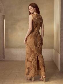 MOTF PREMIUM Đầm dài ôm eo thêu cổ chữ V dành cho nữ - màu nâu - Xem 3