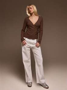 MUSERA 罗纹针织交叉芭蕾舞蝴蝶结侧边开衫，可爱浪漫，适合周日出行、机场度假、秋季、春夏等各种场合，优雅时尚。 - 巧克力棕 - 查看 5