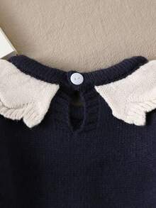 SHEIN Baby Girls Floral Embroidered Ruffled Collar Knit Sweater Dress,Navy Blue,Autumn,Elegant,Matching Family Long Sleeve Winter Knitted Collared Dress - Royal Blue - View 6