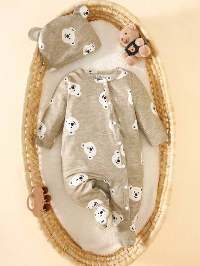 SHEIN 2pcs/Set Newborn Baby Unisex Cartoon Bear Print Long Sleeve Jumpsuit With Hat, Suitable For Daily Wear, Birthday Party, Photography In Spring, Summer, Autumn, Winter
