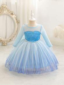 SHEIN Glamorique Kids 女婴公主裙，蓝色薄纱公主裙，雪花印花，渐变印花，带披肩，中东风情，优雅派对礼服，生日派对，婚礼节日礼服 - 藍色 - 查看 2