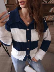 SHEIN Clasi Women's Casual Commuter Contrast Striped Pattern Drop Shoulder Loose Button Front Cardigan, Autumn/Winter