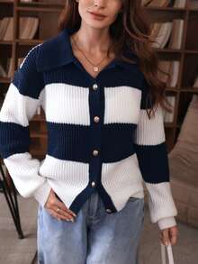 SHEIN Clasi Women's Casual Commuter Contrast Striped Pattern Drop Shoulder Loose Button Front Cardigan, Autumn/Winter
