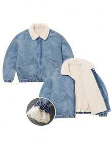 Tween Boys' Casual Versatile Thick Fleece Lined Lapel Open Front Loose Fit Long Sleeve Denim Jacket, Thick Outerwear Suitable For Outdoor, Dining, Vacation, Snowy Weather Autumn Winter Clothes For Women