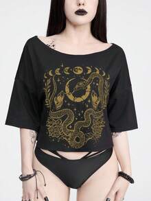 ROMWE Goth Camiseta corta de mujer con estampado floral de patrón de piel de serpiente con estrellas y luna para el verano - Negro - Ver 3