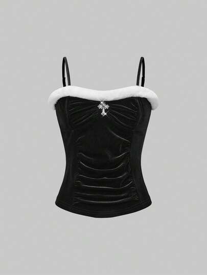 ROMWE Goth 哥特式圣诞人造毛皮拼接十字架金属吊坠天鹅绒吊带背心