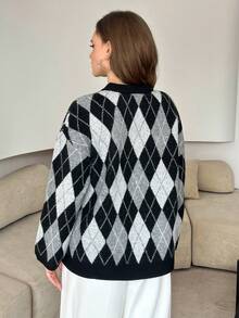 Modelyn Suéter holgado de punto con patrón de diamantes, efecto estilizante, talla grande, estilo casual, otoño/invierno - Gris - Ver 2