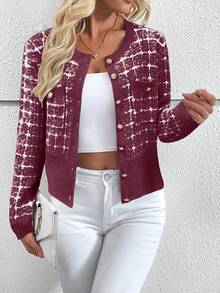 EMERY ROSE Elegant Plaid Front Button Round Neck Cardigan, Autumn/Winter, Christmas - Burgundy - View 5