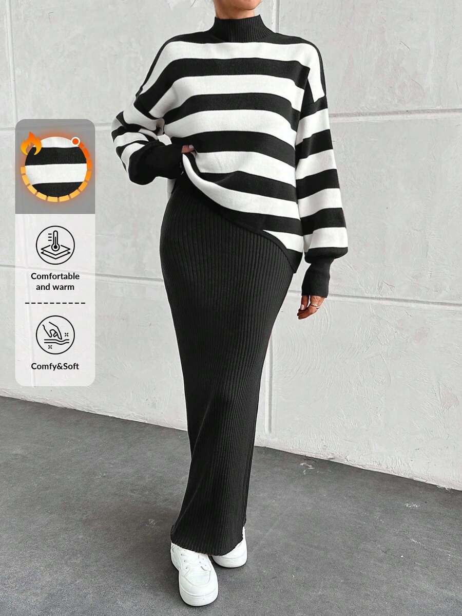 EURMUSE 2pcs Women Ribbed Stand Collar Dropped Shoulder Long Sleeve Sweater And Ribbed Knit Dress Set - Dark Grey - View 1