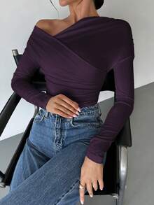 Firerie Camiseta envolvente de mujer con cuello asimétrico de unicolor - Morado - Ver 4