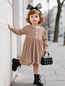 Baby Girl Khaki Thermal Lined Thick High Stretch Ribbed Ruched Long Sleeve Contrast Button Cute Dress, Suitable For Winter - Pink - View 7