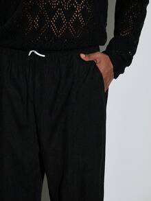 Modcrash Calça Larga de Verão Masculina de Veludo Canelado com Zíper e Fenda, Calça Longa Casual Esportiva Versátil de Cor Sólida - Preto - Visão 8